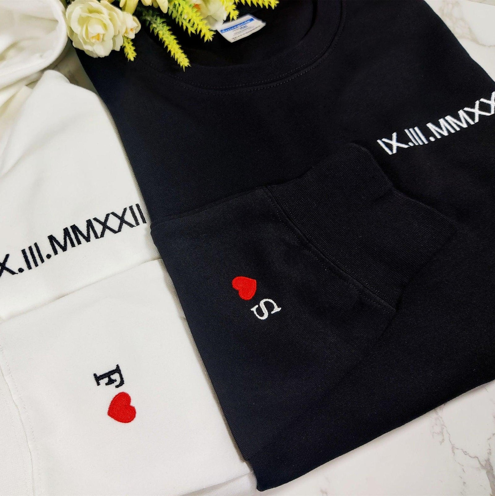 Personalized Embroidered Matching Hoodies with Roman Numerals Date Text and Initials on Sleeve