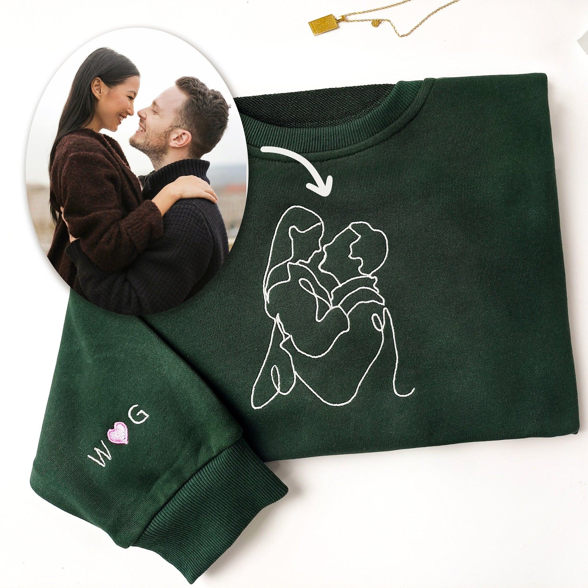 Custom Embroidered Sweatshirts For Couples, Custom Embroidered Portrait From Photo Matching Couple Sweatshirt Hoodie, Outline Photo Embroidered Sweater