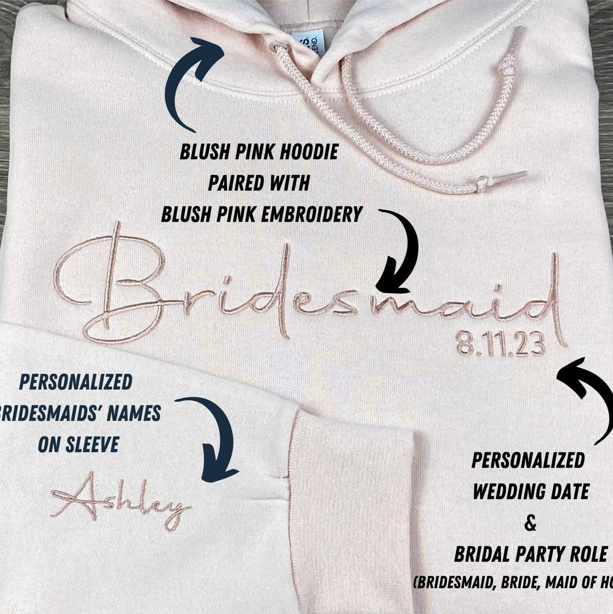 Custom Embroidered Bridesmaid Personalized Wedding Day Embroidered Sweatshirt Hoodie