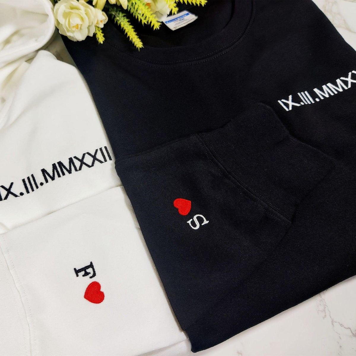 Custom Date Roman Numeral Embroidered Couples Gift Hoodie Sweatshirt