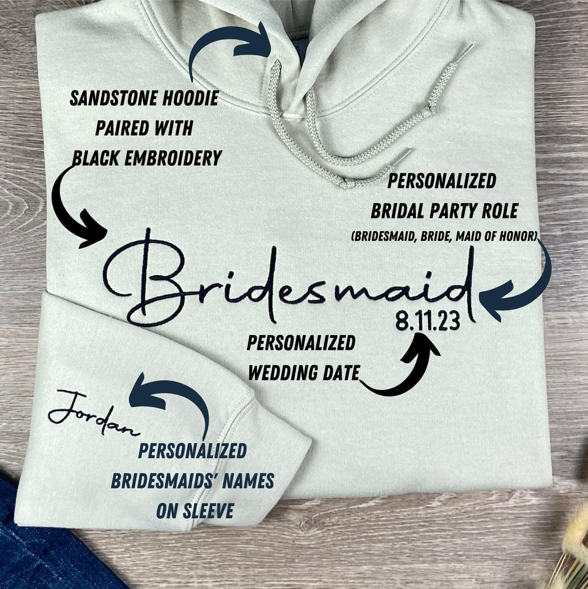 Custom Embroidered Bridesmaid Personalized Wedding Day Embroidered Sweatshirt Hoodie
