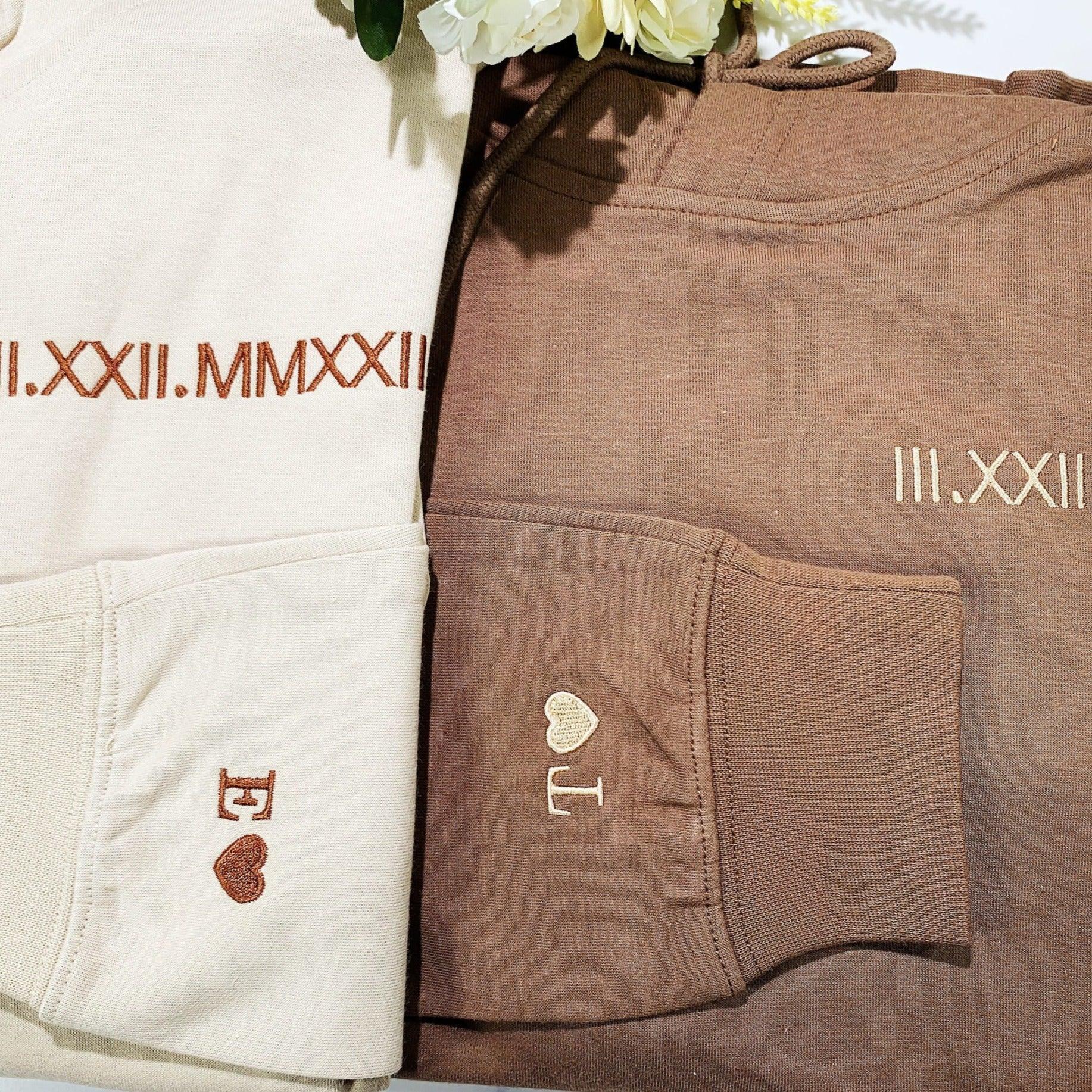 Custom Date Roman Numeral Embroidered Couples Gift Hoodie Sweatshirt