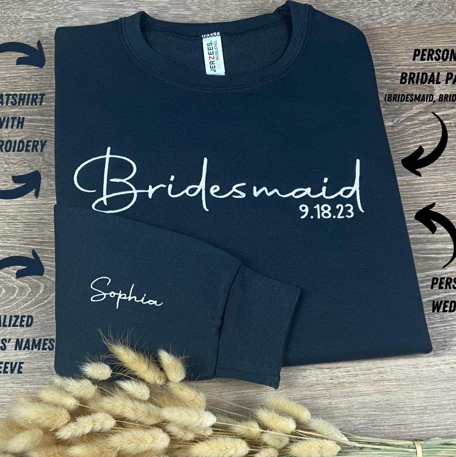 Custom Embroidered Bridesmaid Personalized Wedding Day Embroidered Sweatshirt Hoodie