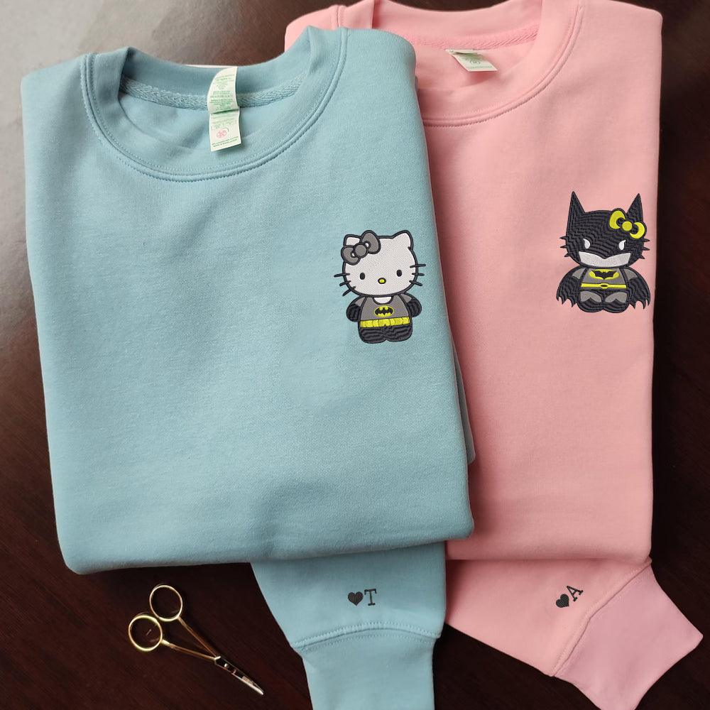 Custom Embroidered Sweatshirts For Couples, Custom Matching Couple Sweatshirt, Cartoon Bat x Kitten Couples Embroidered Sweater