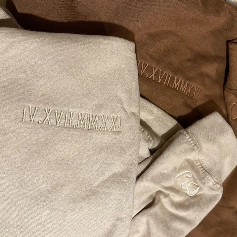 Custom Embroidered Hoodies For Couples, Best Matching Hoodies For Couples, Embroidered Roman Numeral Embroidery Sweatshirt