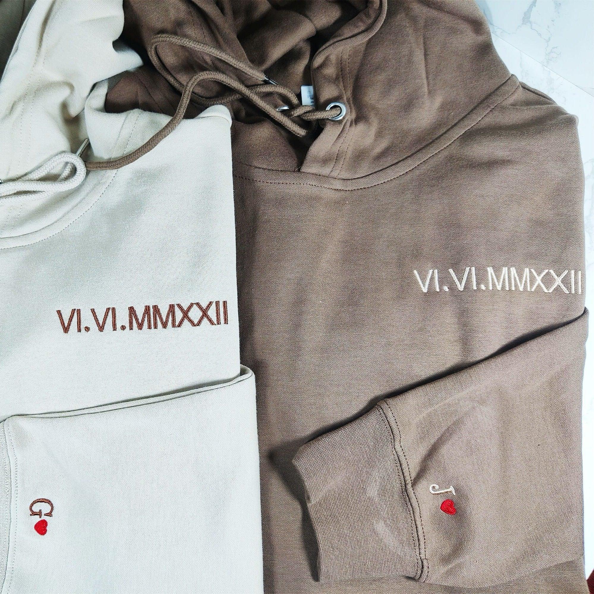 Personalized Embroidered Matching Hoodies with Roman Numerals Date Text and Initials on Sleeve