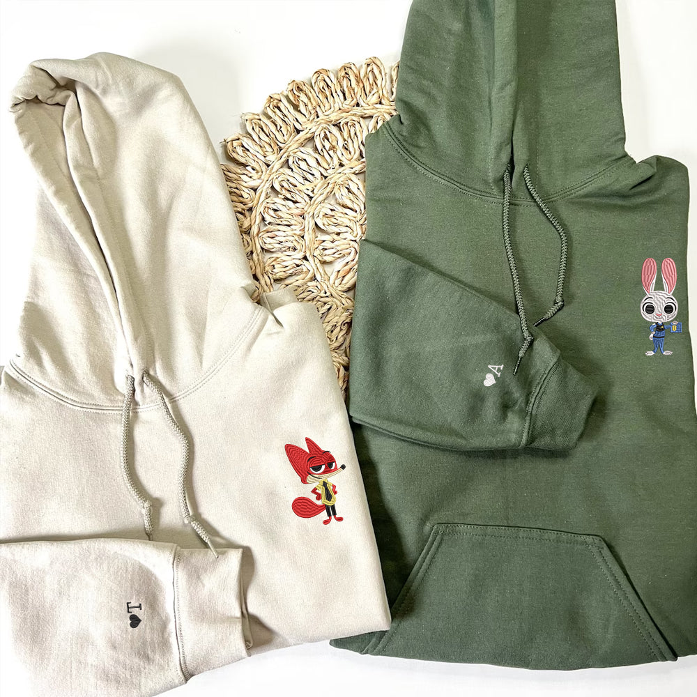 Custom Embroidered Hoodies For Couples, Personalized Couple Hoodies, His Her Hoodies, Cute Cartoon Fox Couples Embroidered Hoodie