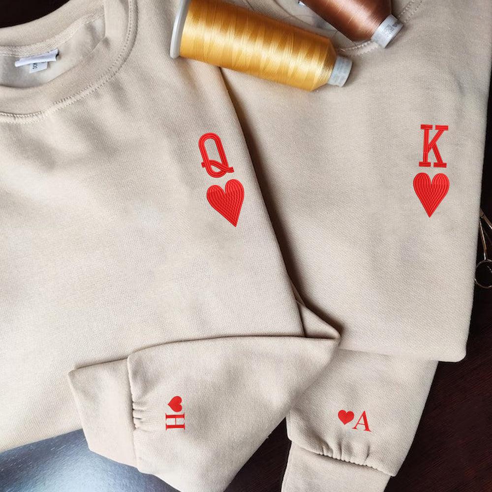 Custom King and Queen Embroidered Heart Couples Matching Embroidered Sweatshirt Hoodies