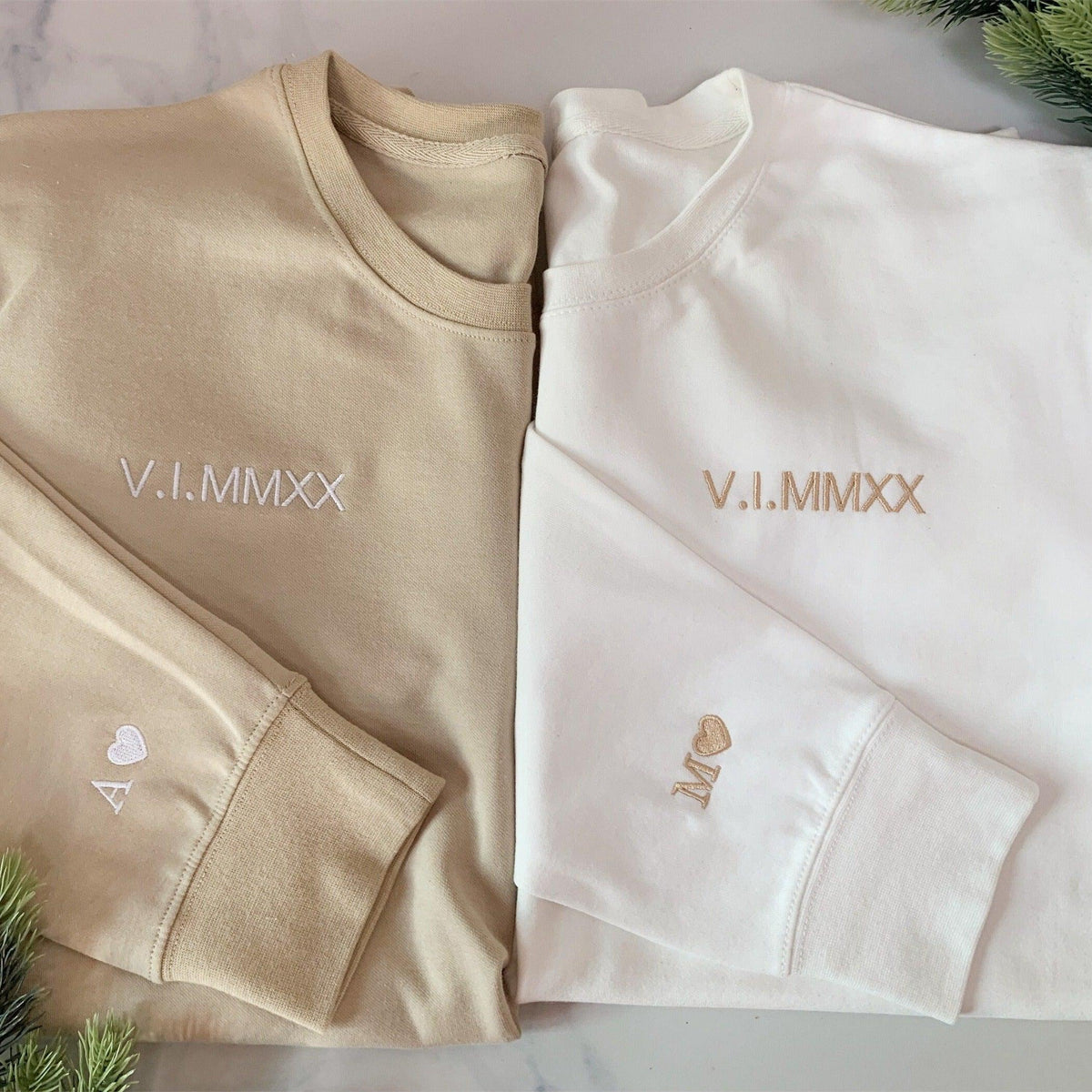 Custom Initial Heart Embroidered Crewneck Couple Anniversary Date Sweatshirt