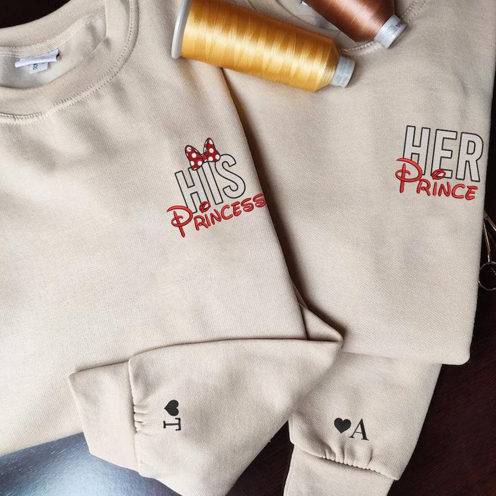 Custom Her Prince His Princess Cartoon Inspired Embroidered Honeymoon Couples Matching Embroidered Sweatshirt Hoodies