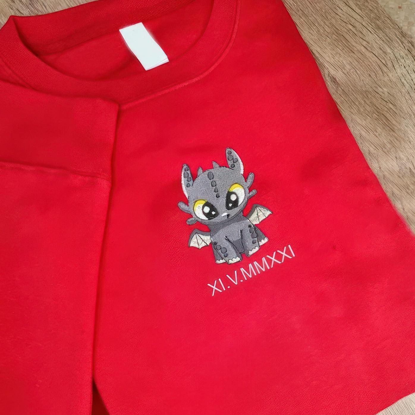 Custom Embroidered Sweatshirts For Couples, Matching Sweatshirts For Couples, Dragon's Lovely Characters Couples Embroidery Sweatshirt