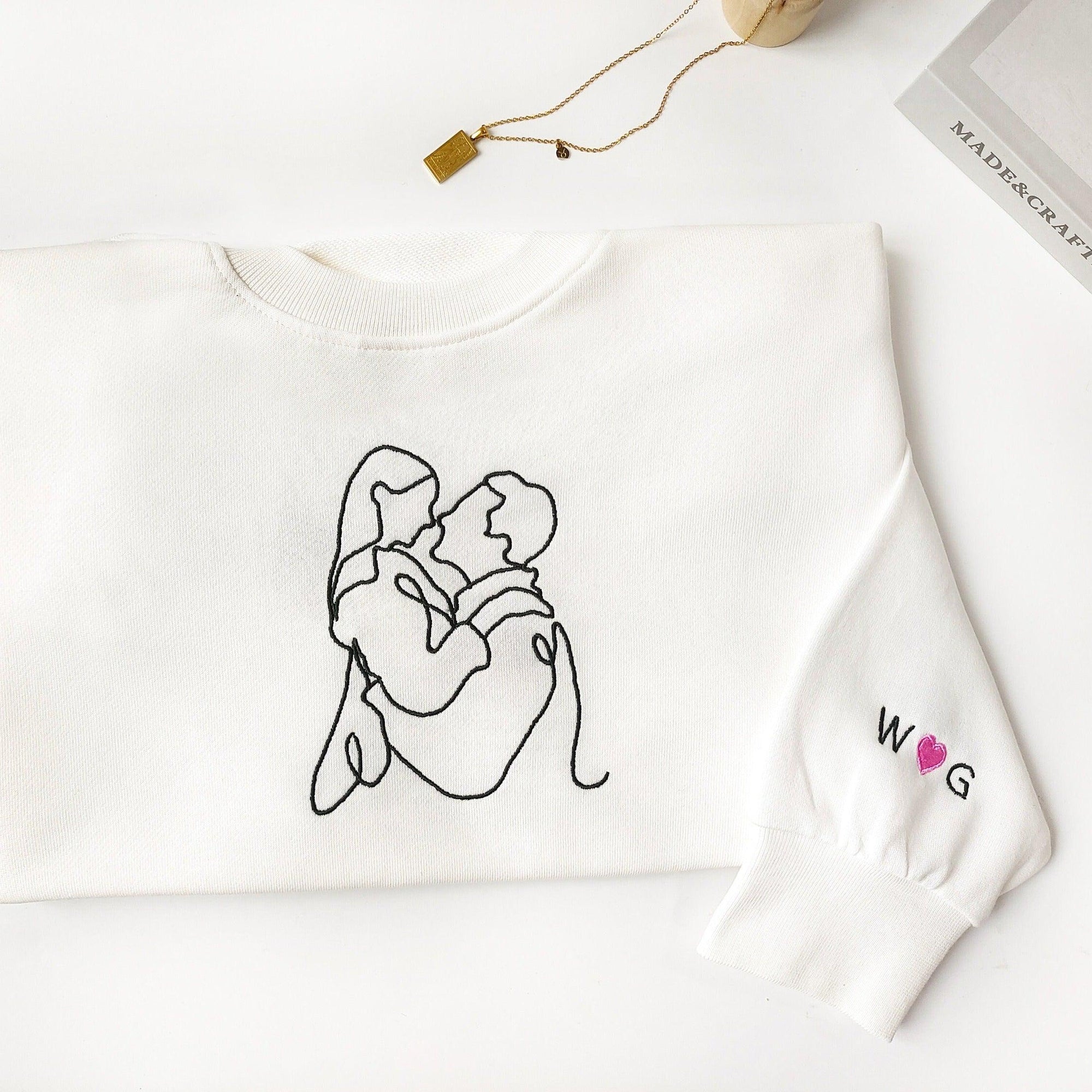 Custom Embroidered Sweatshirts For Couples, Custom Embroidered Portrait From Photo Matching Couple Sweatshirt Hoodie, Outline Photo Embroidered Sweater