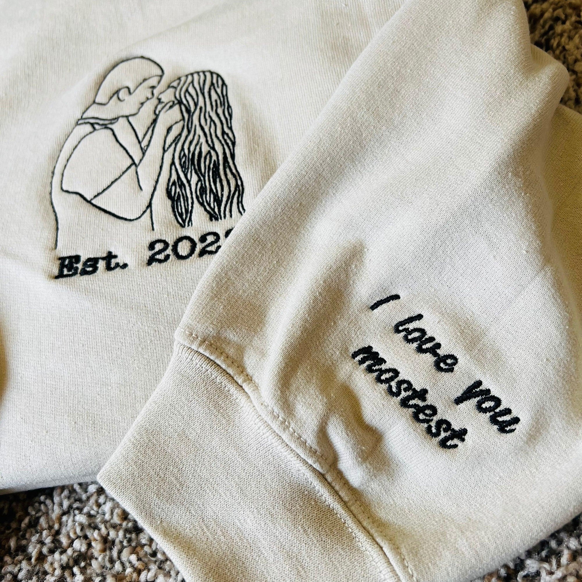 Custom Embroidered Portrait Photo Date On Sleeve Matching Couple Embroidered Sweatshirt Hoodie