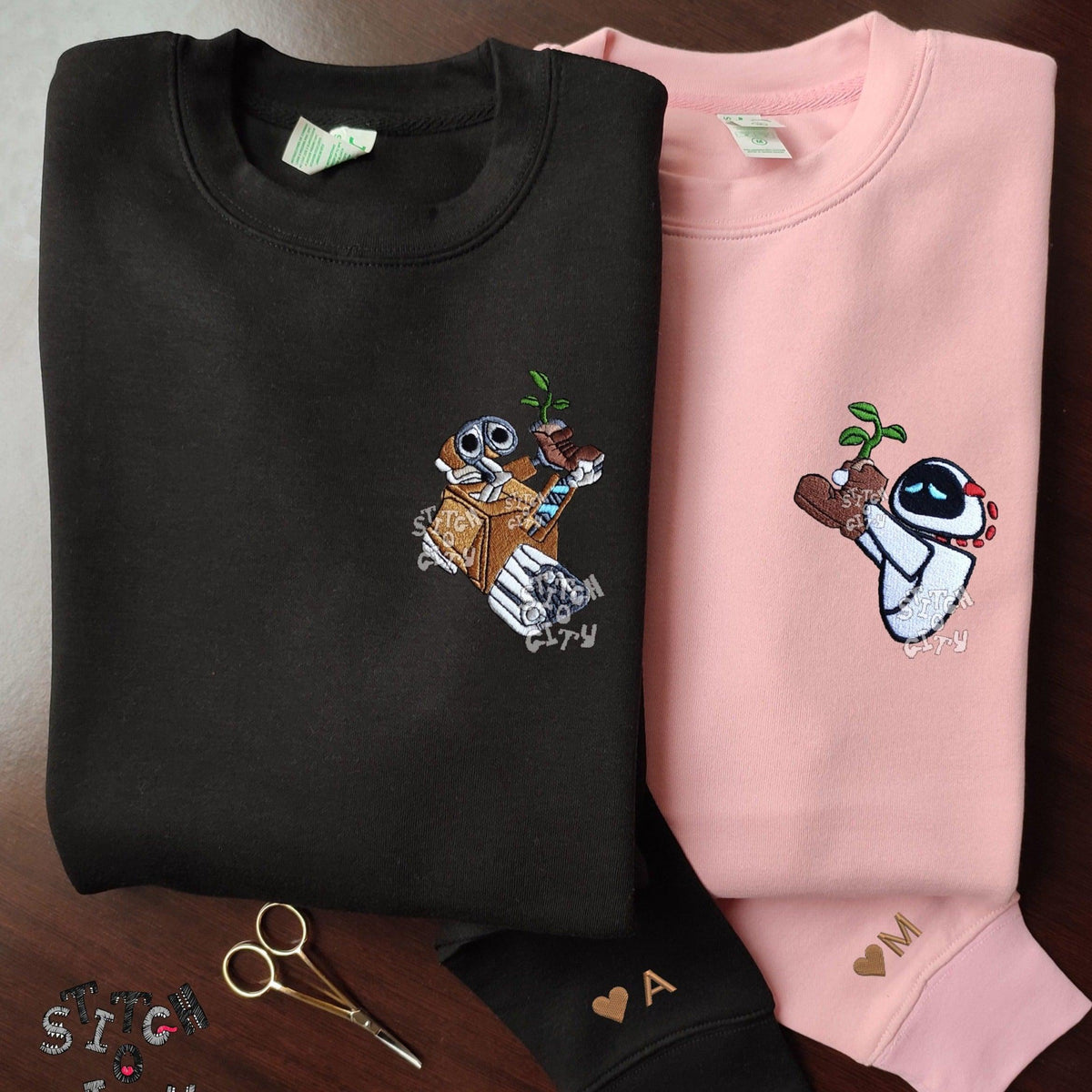 Custom Embroidered Sweatshirts For Couples, Custom Embroidered Lovely Droid Couple Character Sweatshirt