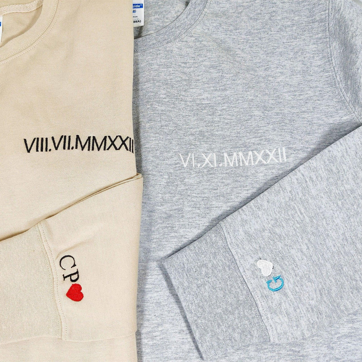 Custom Embroidered Matching Sweatshirt with Roman Numeral Sweater Text & Initials On Sleeve
