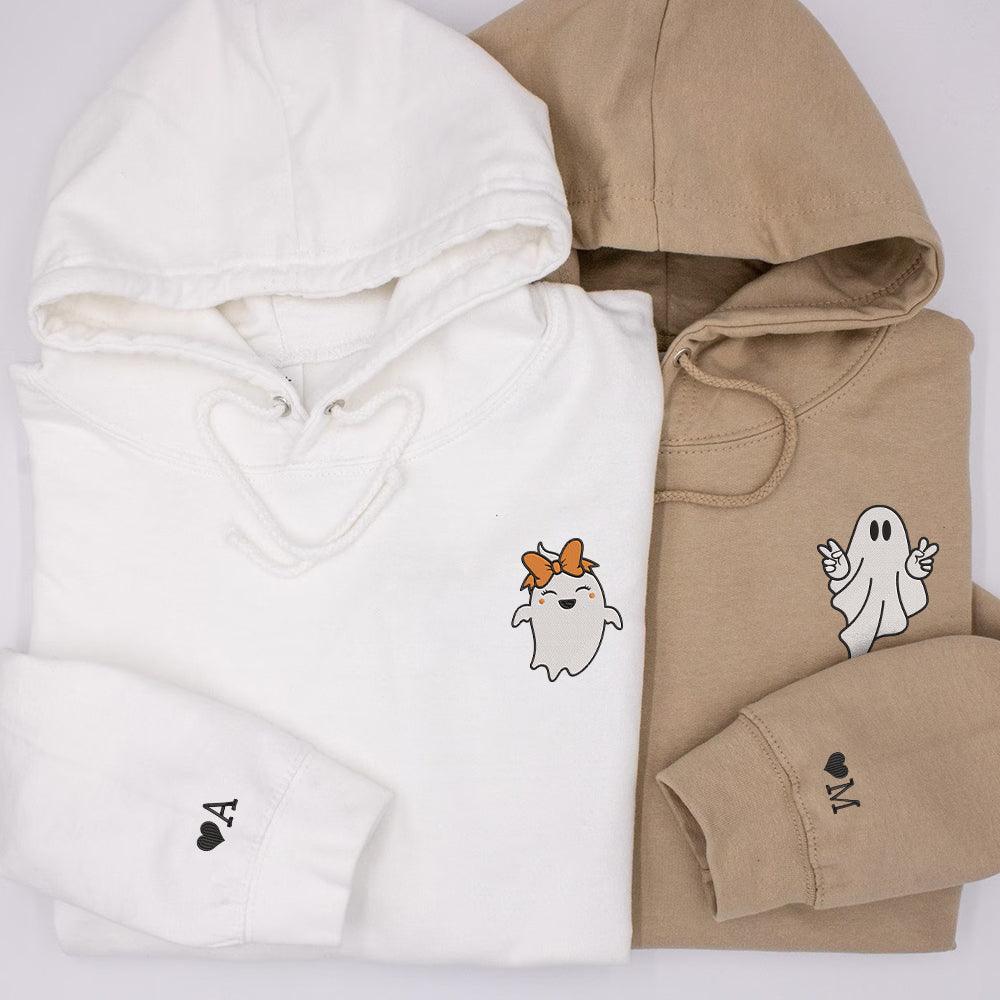 Custom Halloween Embroidered Hoodies For Couples, Custom Embroidered Ghost Spooky Season Couples Embroidered Hoodies V1
