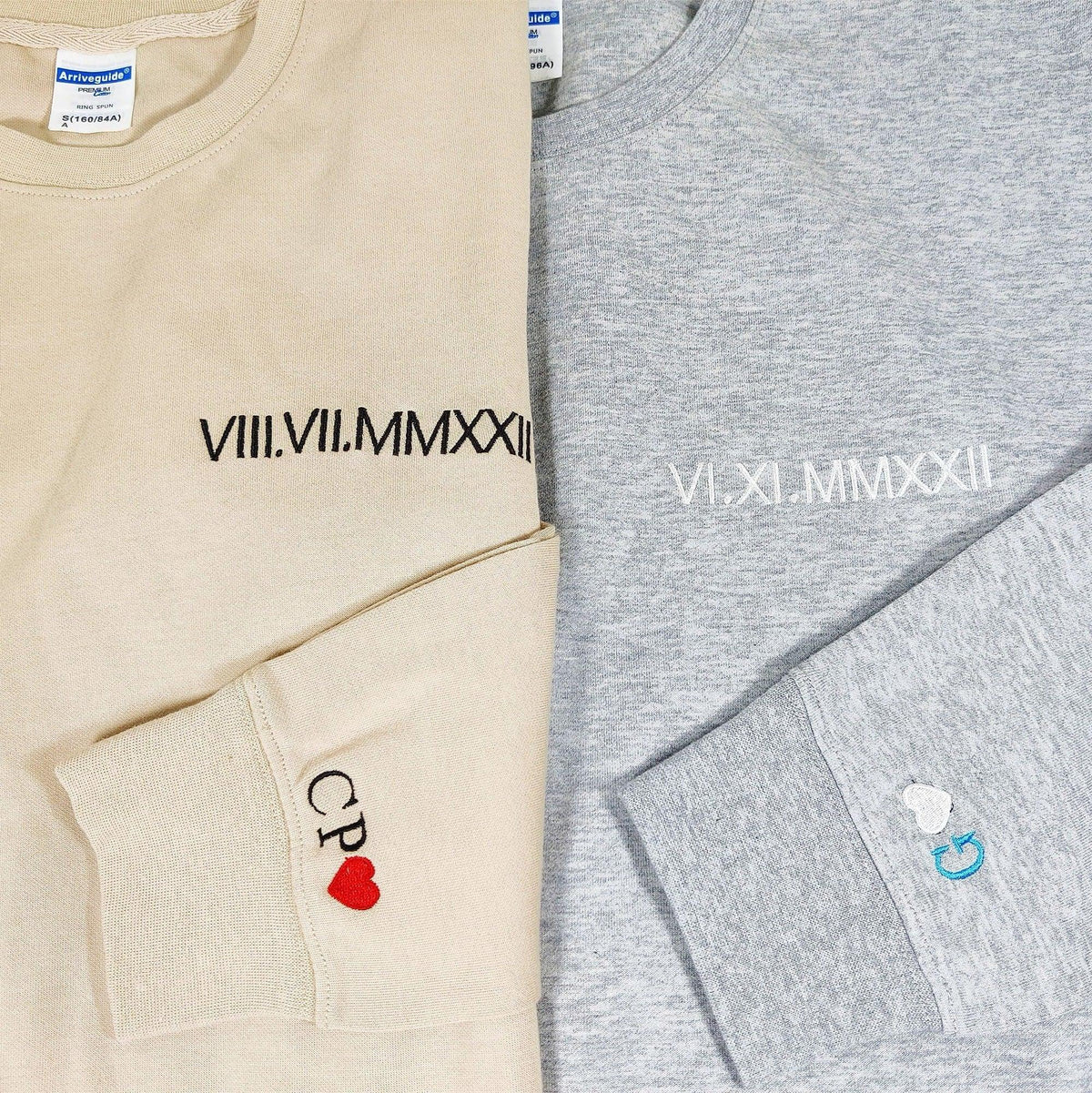 Personalized Embroidered Matching Hoodies with Roman Numerals Date Text and Initials on Sleeve
