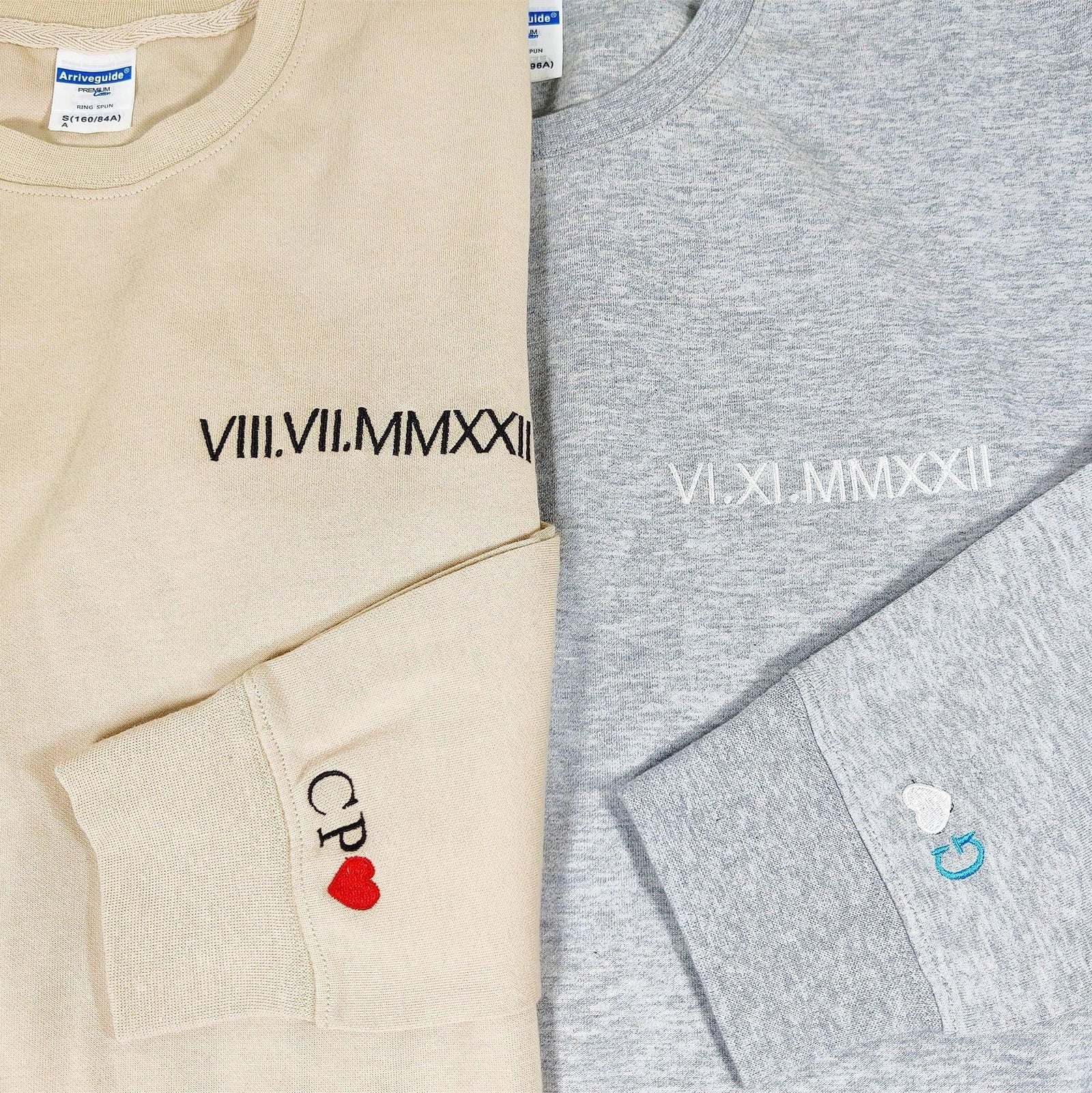 Personalized Embroidered Matching Hoodies with Roman Numerals Date Text and Initials on Sleeve