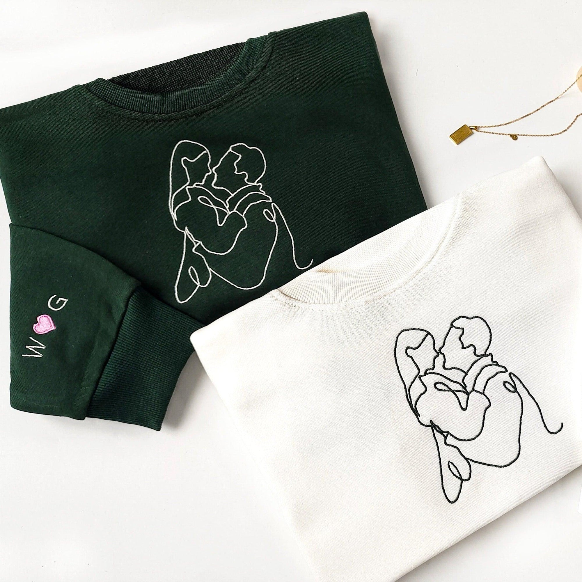Custom Embroidered Sweatshirts For Couples, Custom Embroidered Portrait From Photo Matching Couple Sweatshirt Hoodie, Outline Photo Embroidered Sweater