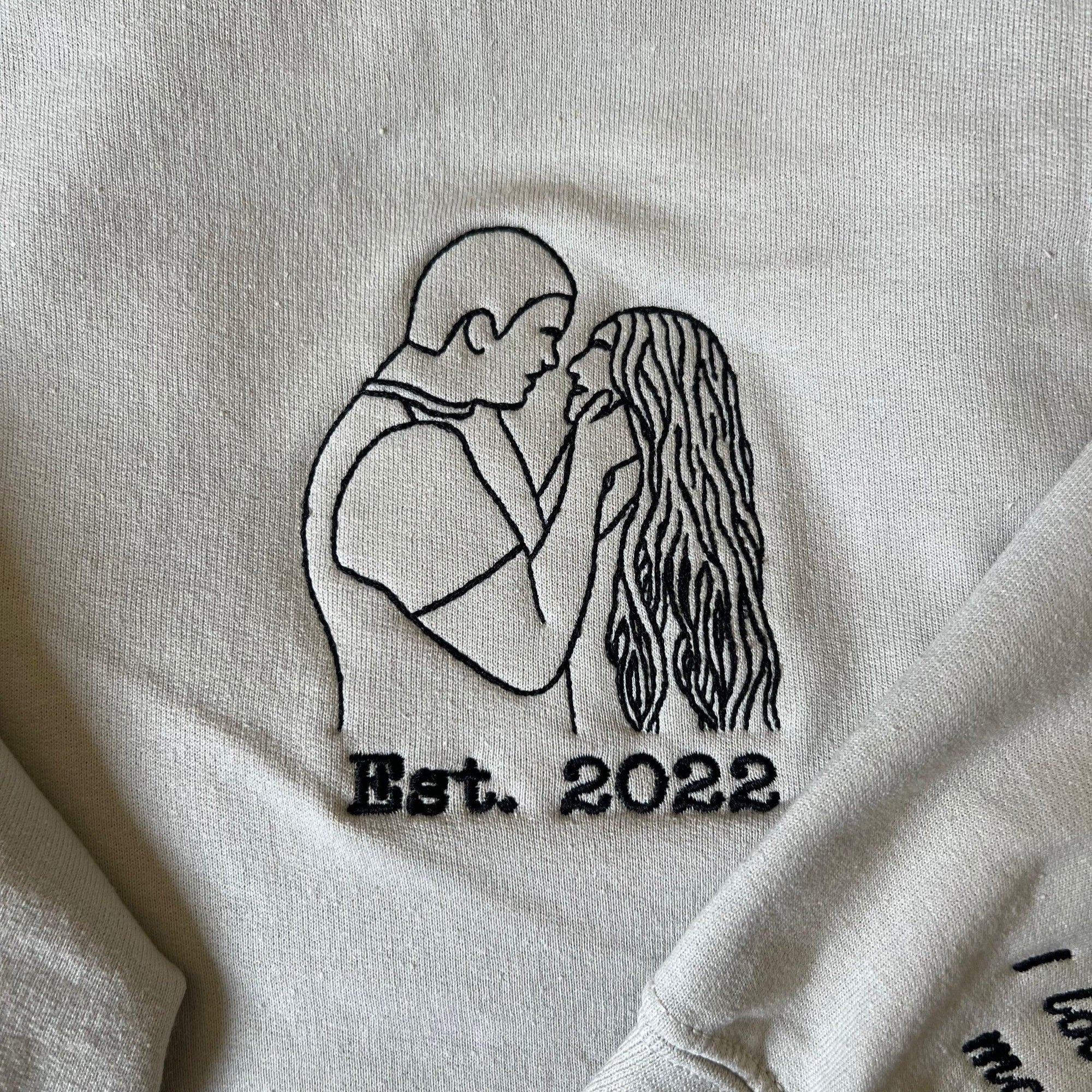 Custom Embroidered Portrait Photo Date On Sleeve Matching Couple Embroidered Sweatshirt Hoodie