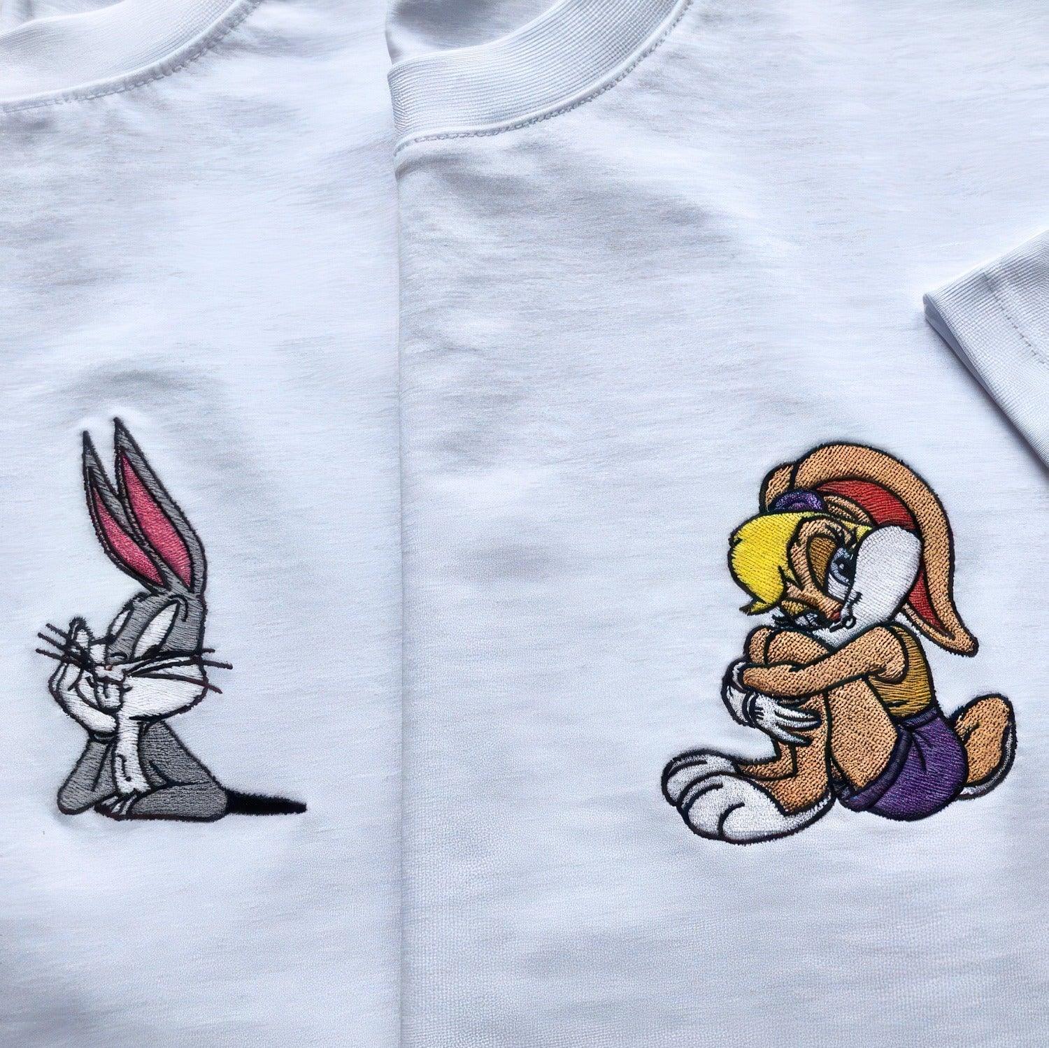 Custom Embroidered Sweatshirts For Couples, Custom Matching Couple Hoodies, Cartoon Bunny Inspired Couples Embroidered Matching Sweater