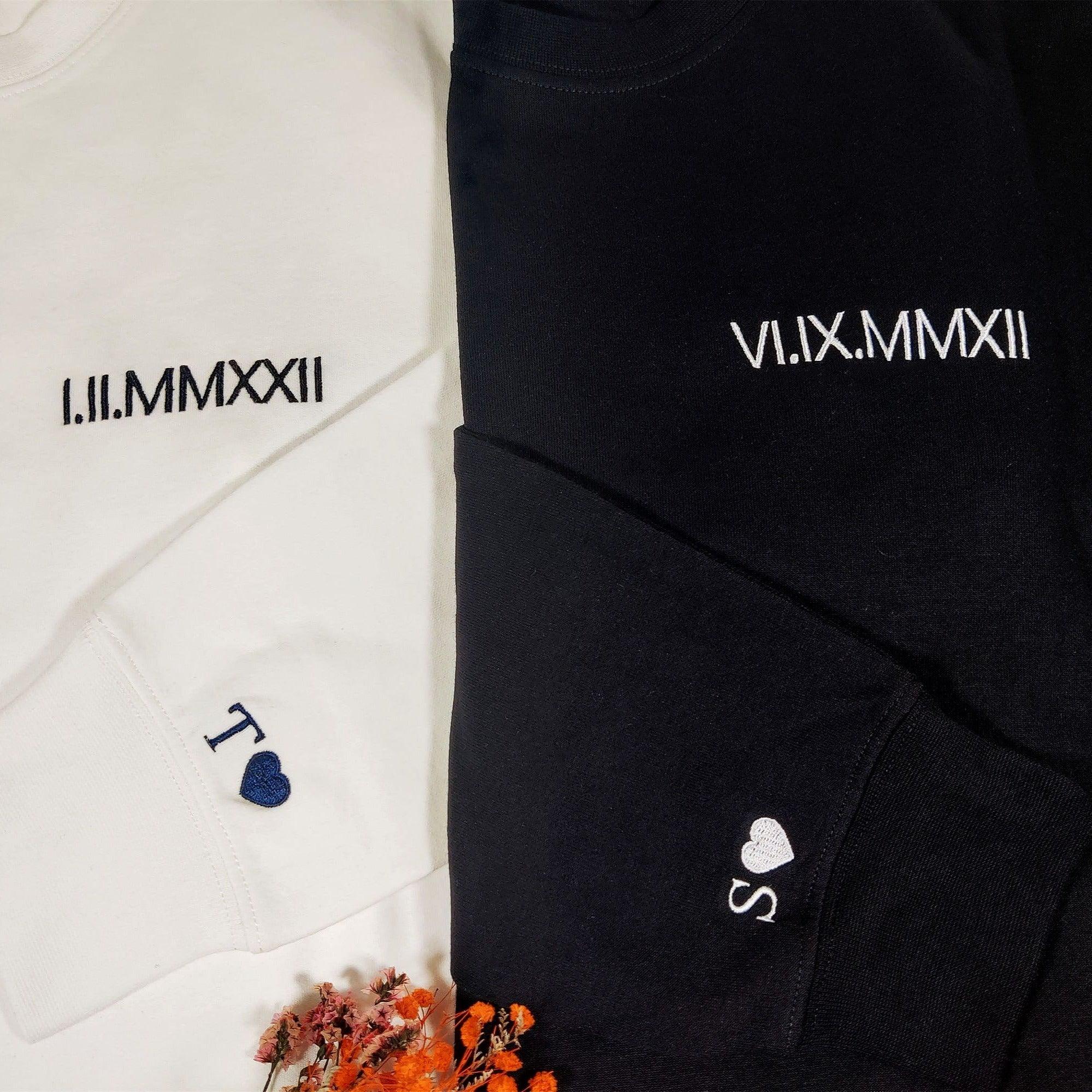 Personalized Embroidered Matching Hoodies with Roman Numerals Date Text and Initials on Sleeve