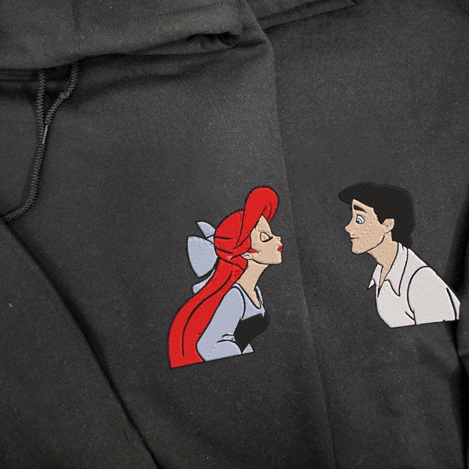 Custom Embroidered Hoodies For Couples, Ariel x Prince Eric Couples Matching Embroidered Hoodie, Anniversary Couples Matching Embroidered Hoodie