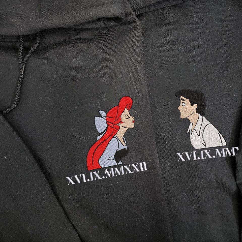 Custom Embroidered Halloweeen Hoodies For Couples, Custom Matching Couple Hoodies, Ariel x Prince Eric Anniversary Roman Numeral Embroidered Hoodie