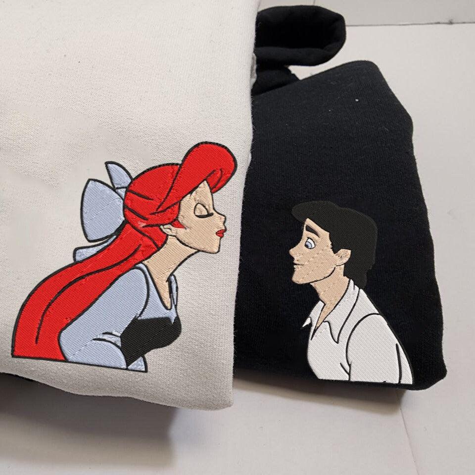 Custom Embroidered Hoodies For Couples, Ariel x Prince Eric Couples Matching Embroidered Hoodie, Anniversary Couples Matching Embroidered Hoodie