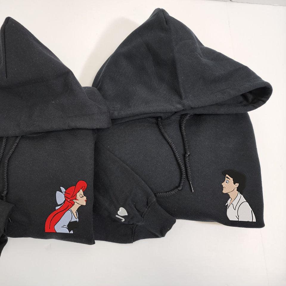 Custom Embroidered Hoodies For Couples, Ariel x Prince Eric Couples Matching Embroidered Hoodie, Anniversary Couples Matching Embroidered Hoodie