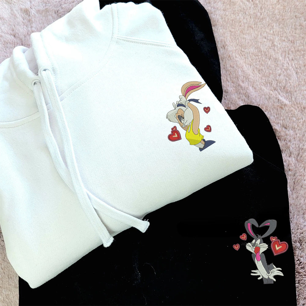 Custom Embroidered Hoodies For Couples, Cute Bunny Valentine Couples Embroidered Hoodie