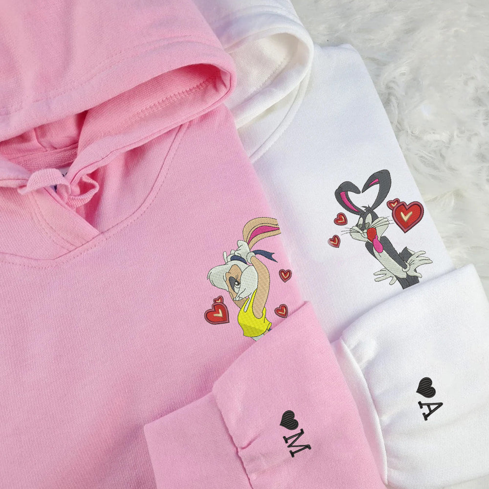 Custom Embroidered Hoodies For Couples, Cute Bunny Valentine Couples Embroidered Hoodie