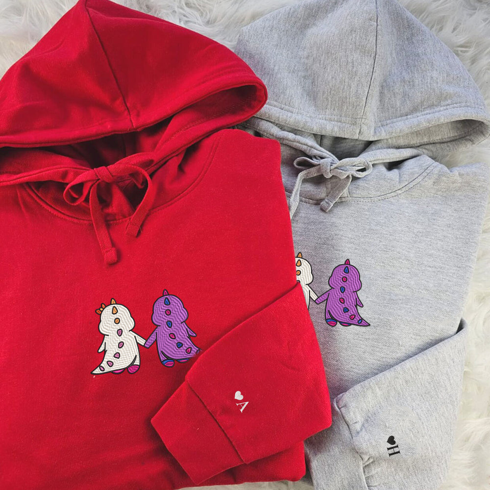 Custom Embroidered Hoodies For Couples, Cute Cartoon Bi Lesbian Dino Couples Embroidered Hoodie
