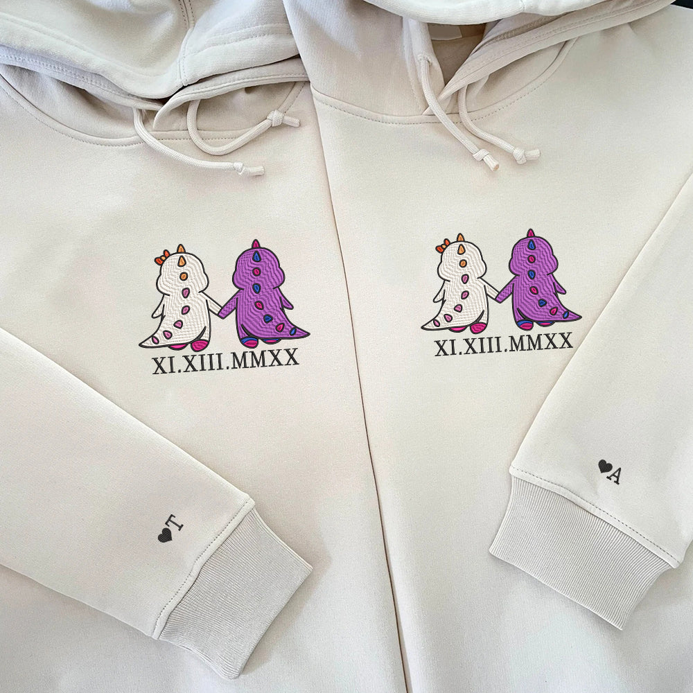 Custom Embroidered Roman Numeral Date Hoodies For Couples, Bi Lesbian Dino Couples Embroidered Hoodie
