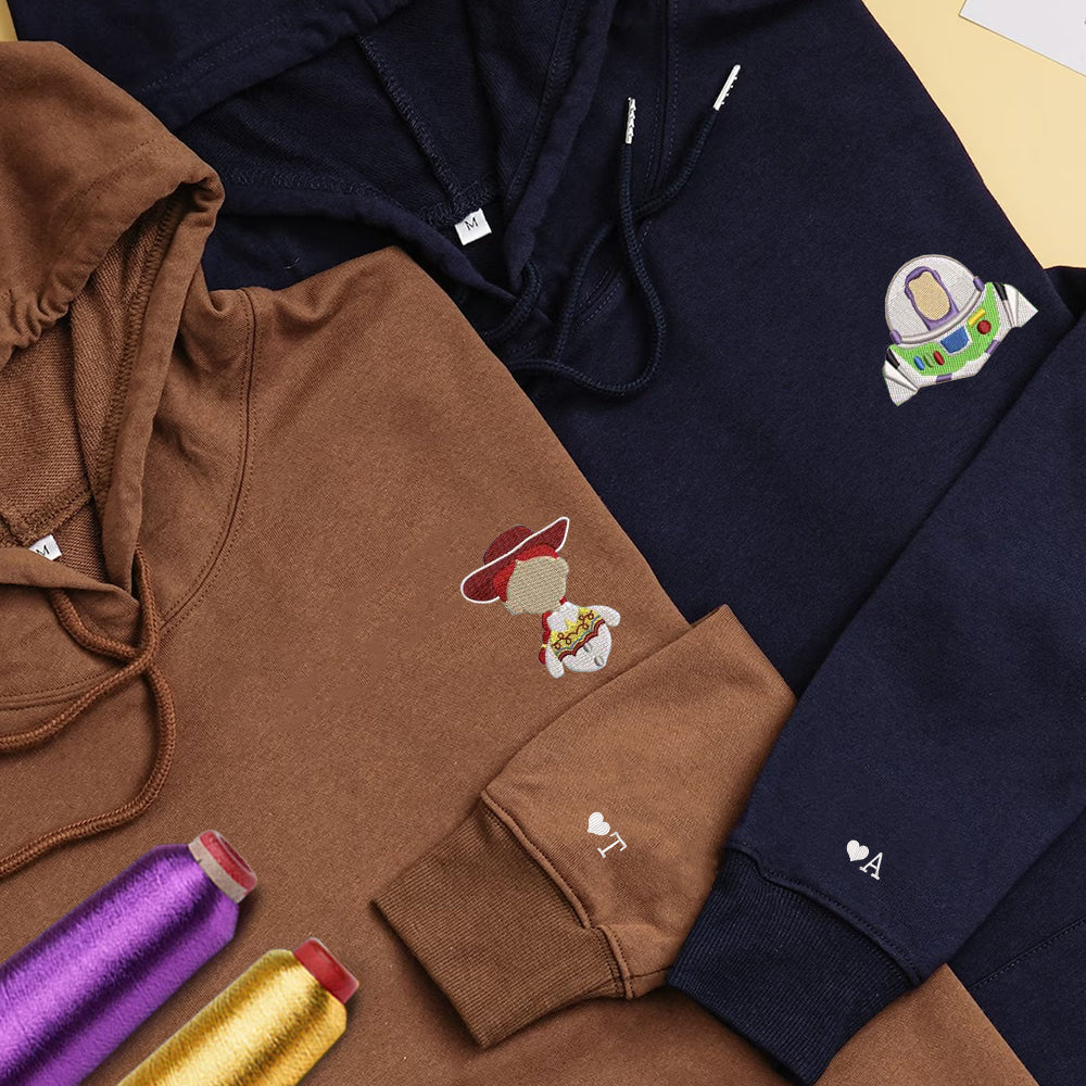 Custom Embroidered Hoodies For Couples, Personalized Couple Hoodies, His Her Hoodies, Cute Cartoons Toys Couples Embroidered Hoodie