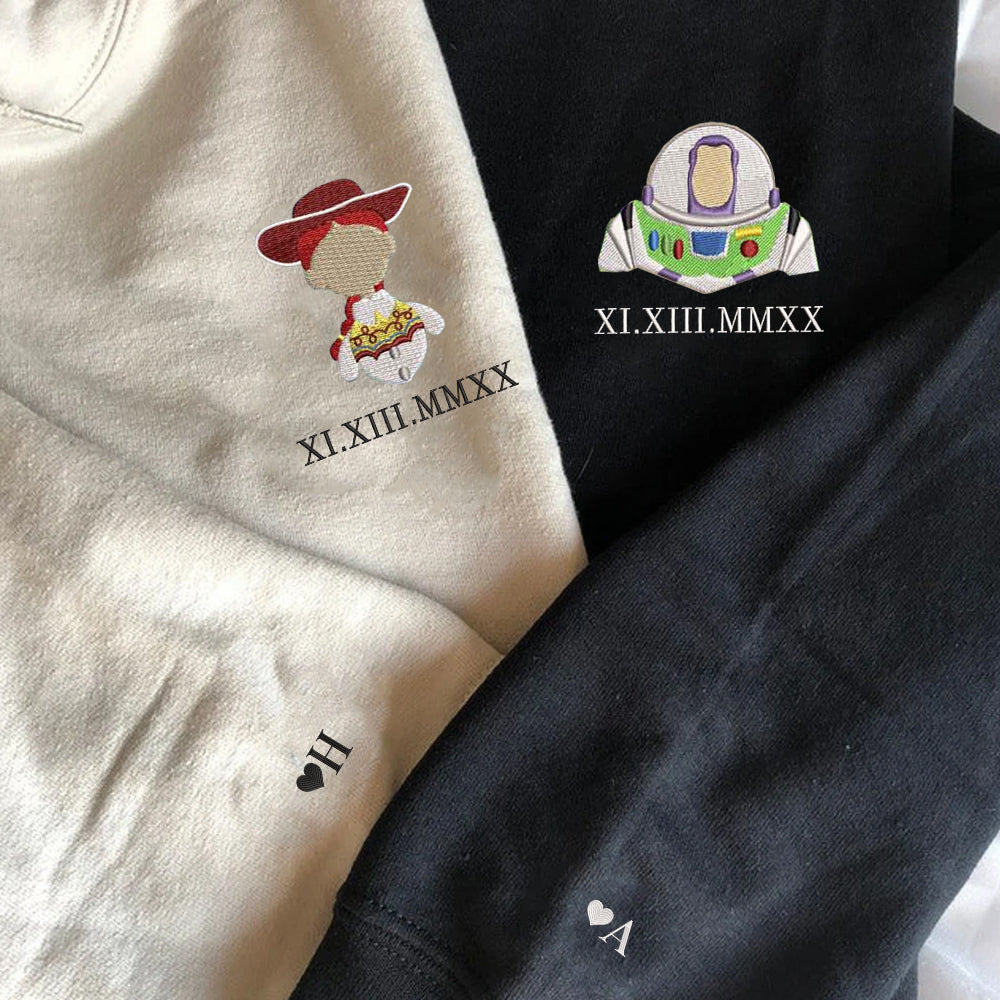 Custom Embroidered Roman Numeral Hoodies For Couples, Roman Numeral Date Hoodie, Cute Cartoon Toys Couples Embroidered Hoodie