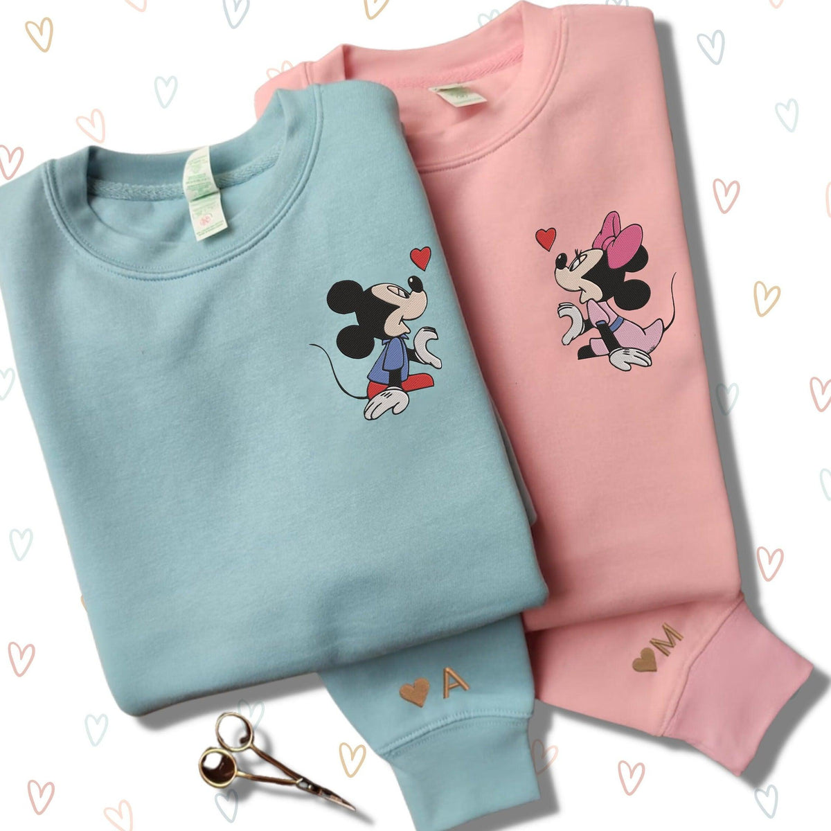 Custom Embroidered Sweatshirts For Couples, Custom Matching Couple Hoodies, Cartoon Mouse Heart Couples Embroidered Matching Couples Sweatshirt