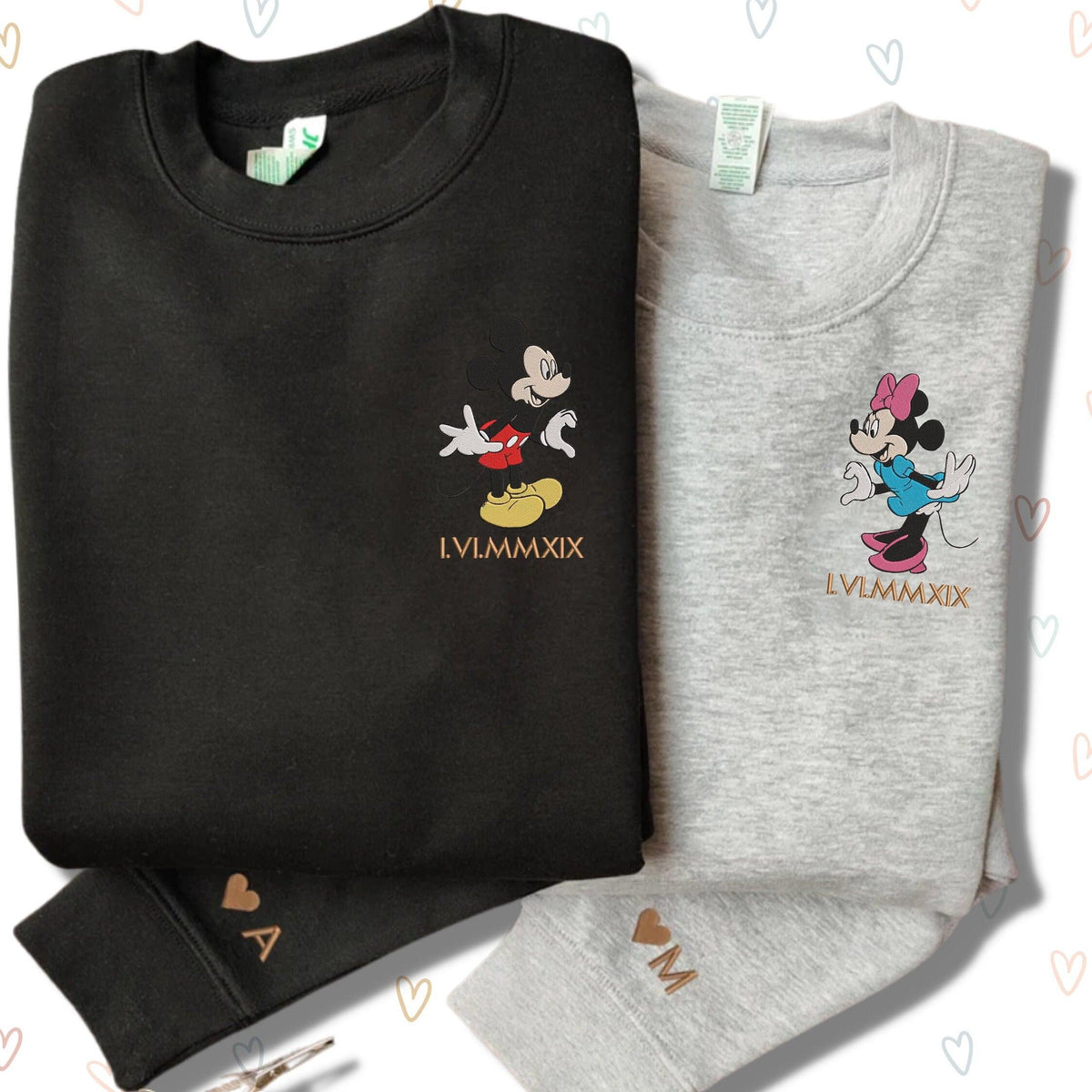 Custom Embroidered Sweatshirts For Couples, Custom Matching Couple Hoodies, Cartoon Mouse Roman Numeral Date Embroidered Matching Couples Sweatshirt