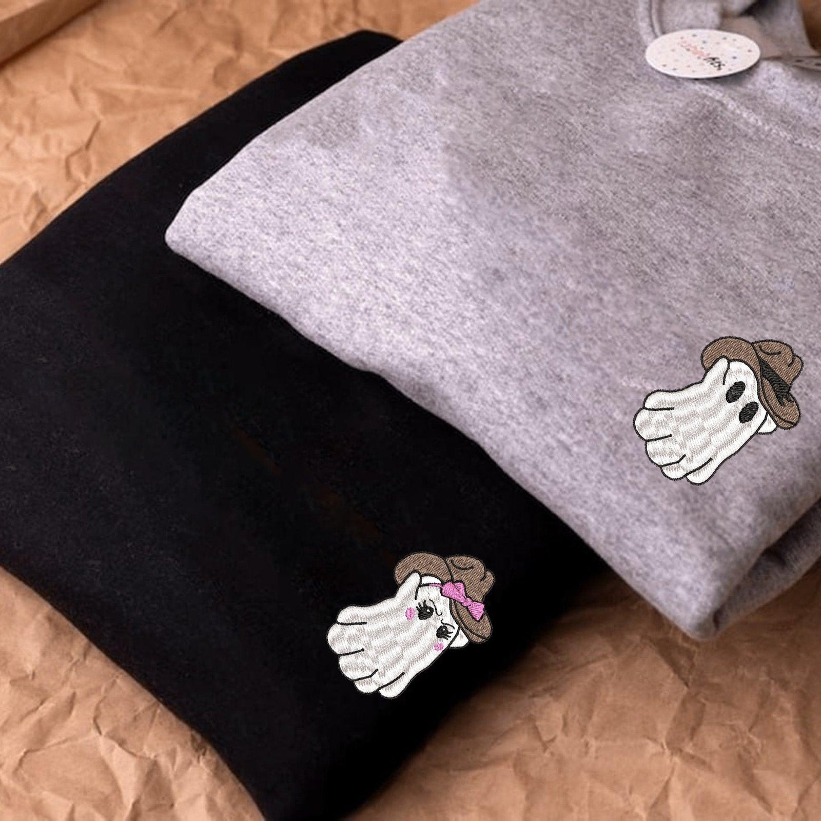 Custom Embroidered Halloweeen Sweatshirts For Couples, Halloween Couples Cowboy Ghost Embroidered Sweatshirt, Ghost Spooky Season Sweater