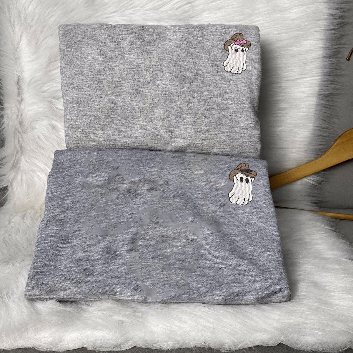 Custom Embroidered Halloweeen Hoodies For Couples, Halloween Couples Cowboy Ghost Embroidered Hoodie, Ghost Spooky Season Hoodie