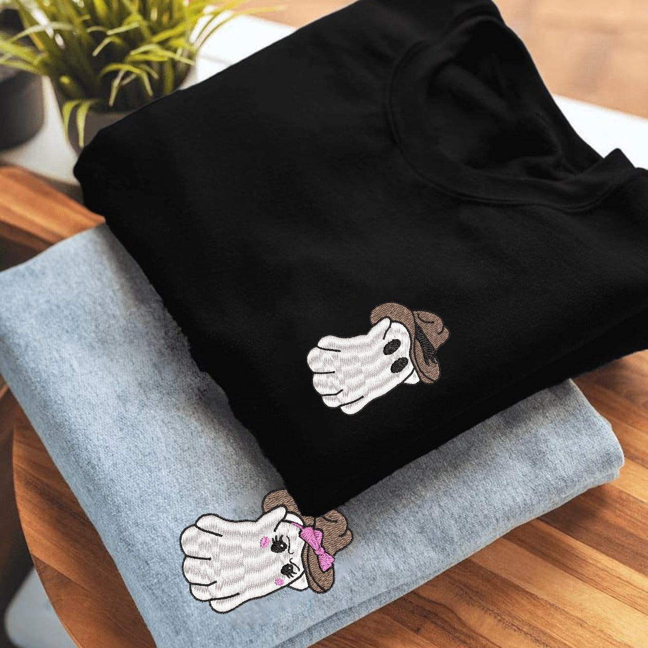 Custom Embroidered Halloweeen Sweatshirts For Couples, Halloween Couples Cowboy Ghost Embroidered Sweatshirt, Ghost Spooky Season Sweater