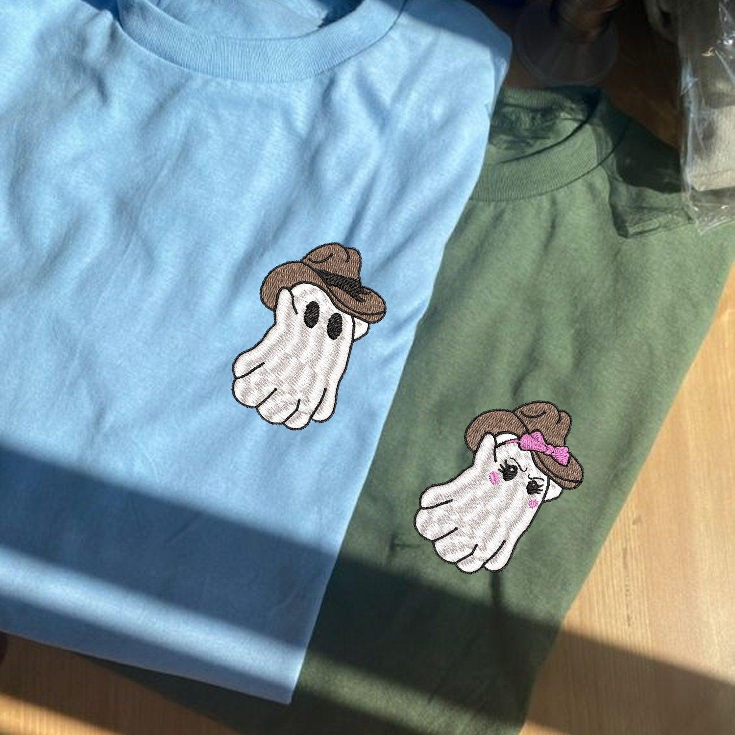 Custom Embroidered Halloweeen Hoodies For Couples, Halloween Couples Cowboy Ghost Embroidered Hoodie, Ghost Spooky Season Hoodie