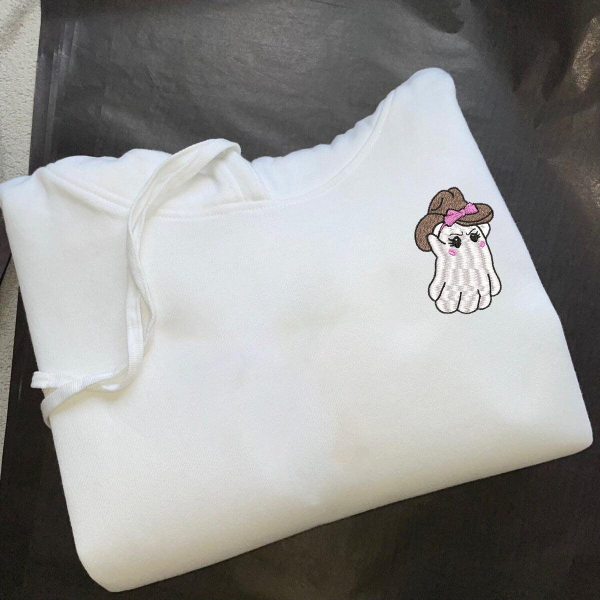 Custom Embroidered Halloweeen Hoodies For Couples, Halloween Couples Cowboy Ghost Embroidered Hoodie, Ghost Spooky Season Hoodie