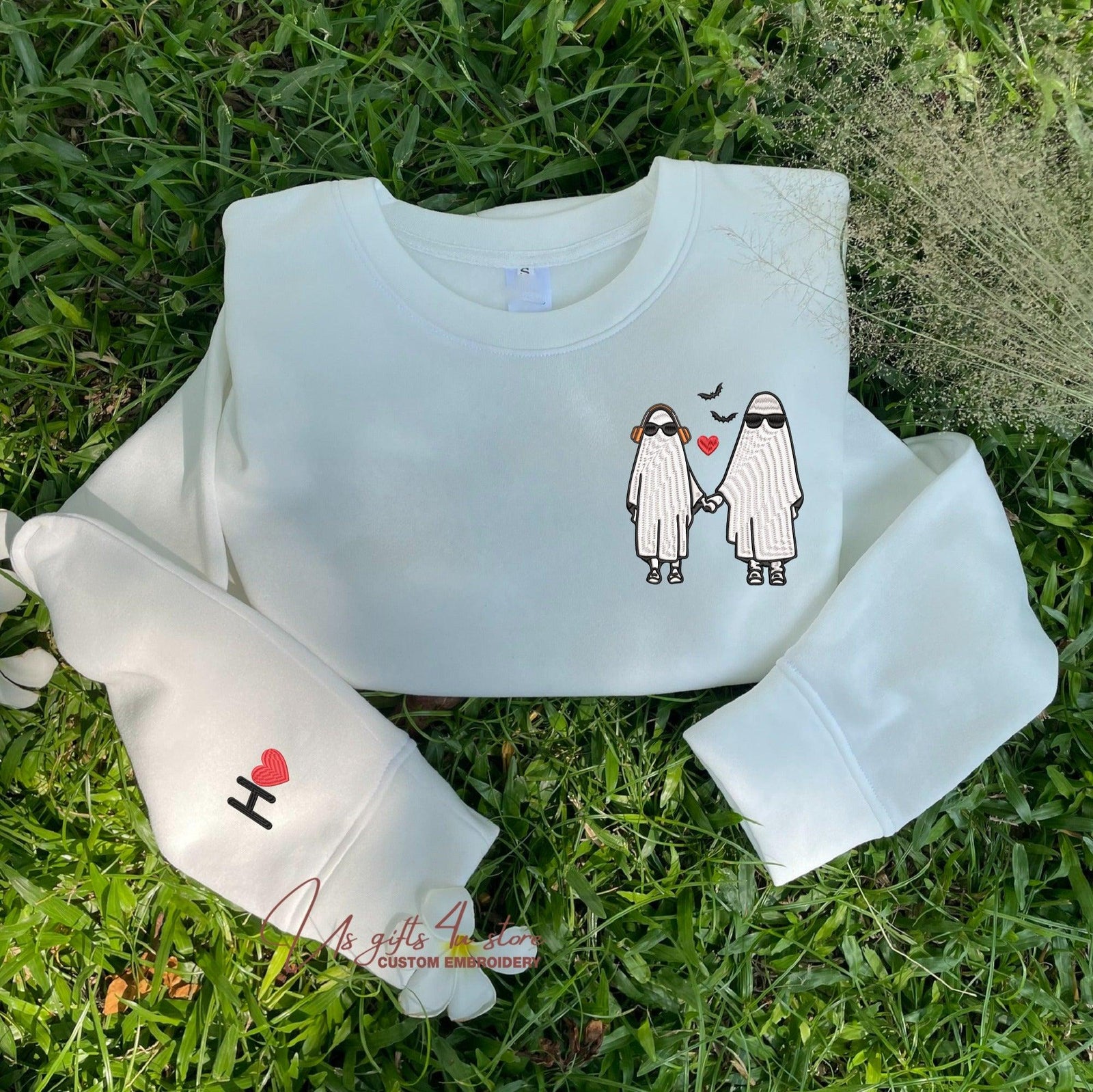 Custom Embroidered Halloweeen Hoodies For Couples, Halloween Couples Ghost Embroidered Hoodie, Ghost Season Embroidered Hoodie