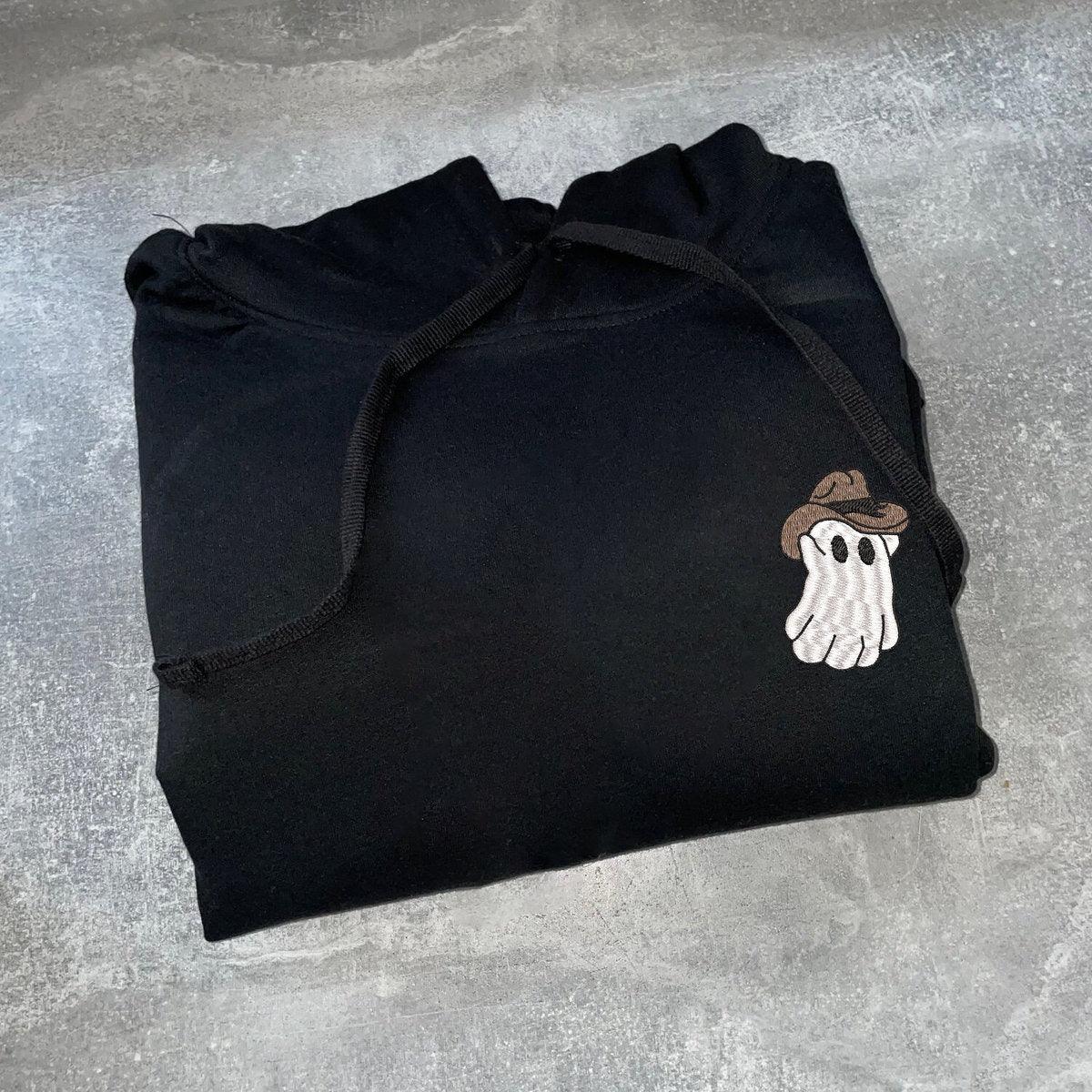 Custom Embroidered Halloweeen Sweatshirts For Couples, Halloween Couples Cowboy Ghost Embroidered Sweatshirt, Ghost Spooky Season Sweater