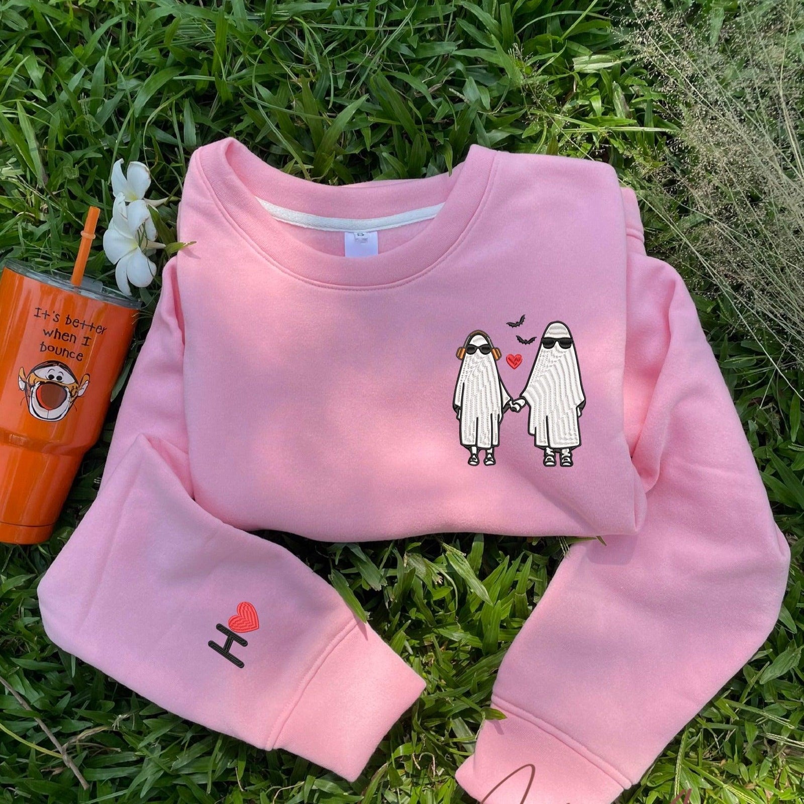 Custom Embroidered Halloweeen Sweatshirts For Couples, Halloween Couples Ghost Embroidered Sweatshirt, Ghost Season Embroidered Sweater