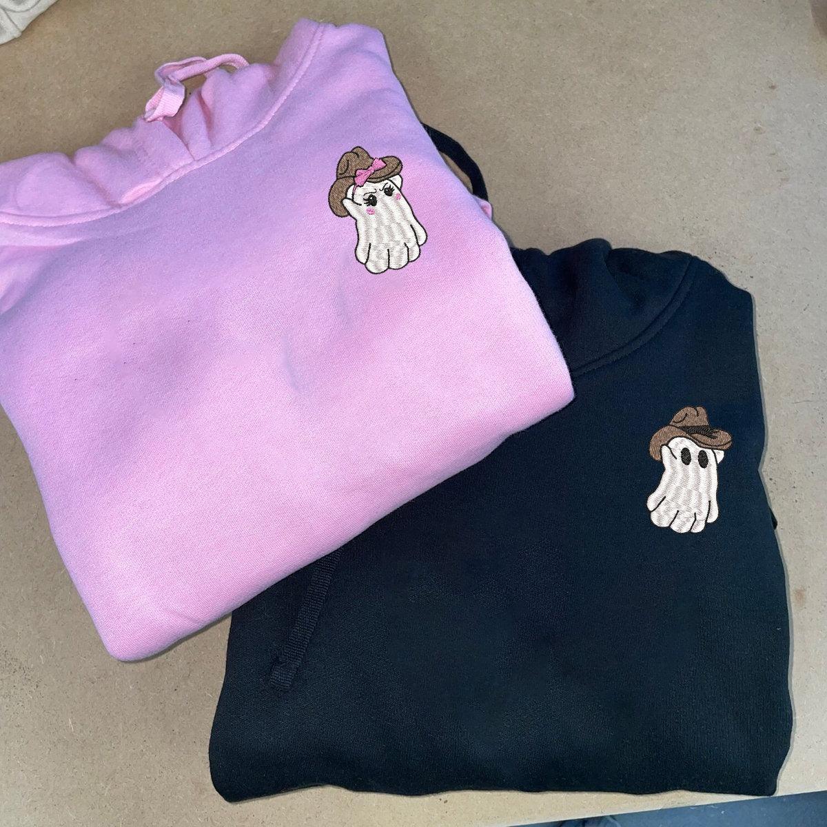 Custom Embroidered Halloweeen Hoodies For Couples, Halloween Couples Cowboy Ghost Embroidered Hoodie, Ghost Spooky Season Hoodie