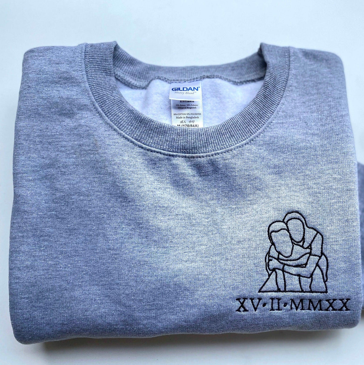 Custom Embroidered Portrait From Photo Outline Roman Numeral Date Couples Matching Embroidered Sweatshirt