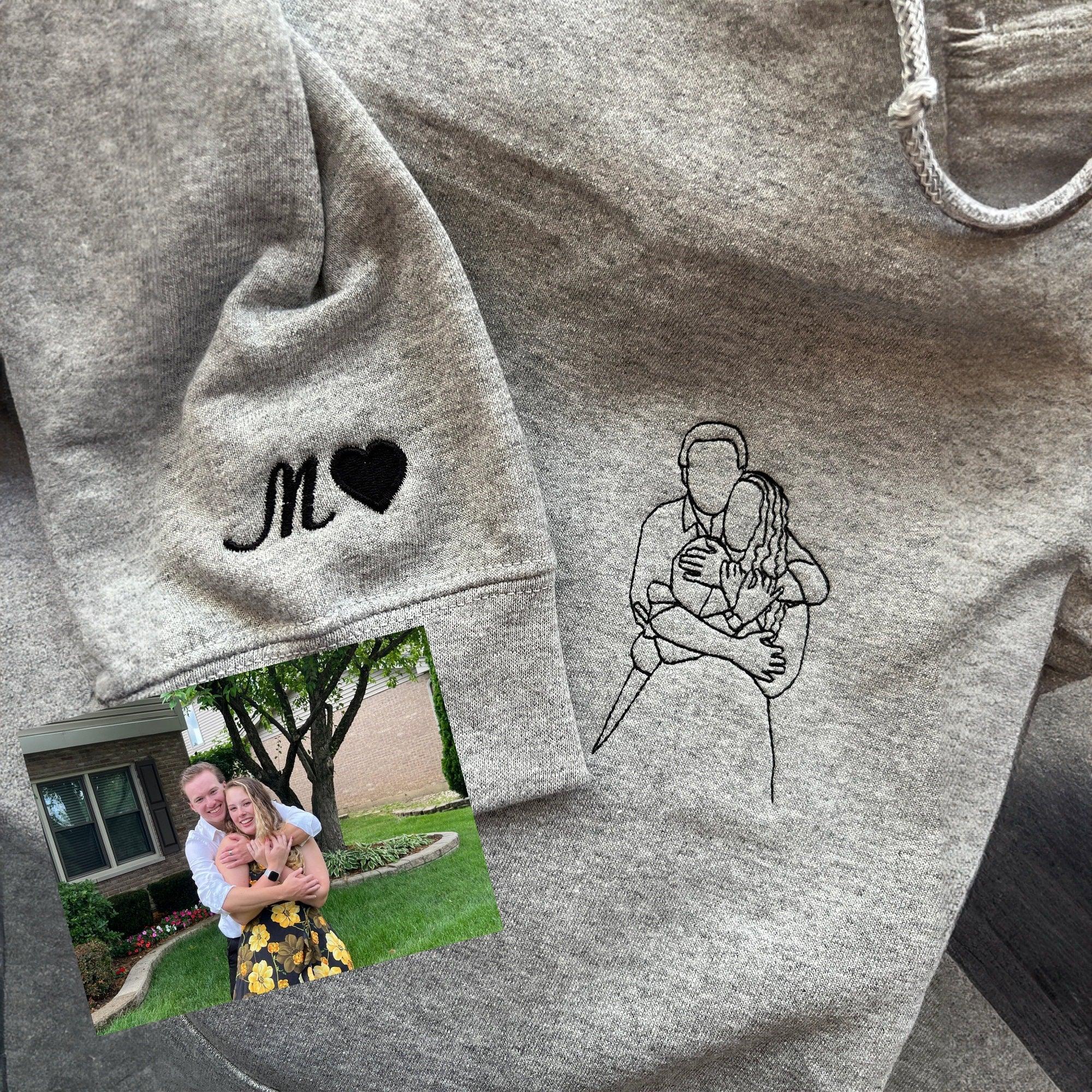 Custom Embroidered Hoodies For Couples, Custom Embroidered Portrait Outline From Photo Embroidered Matching Couples Hoodie