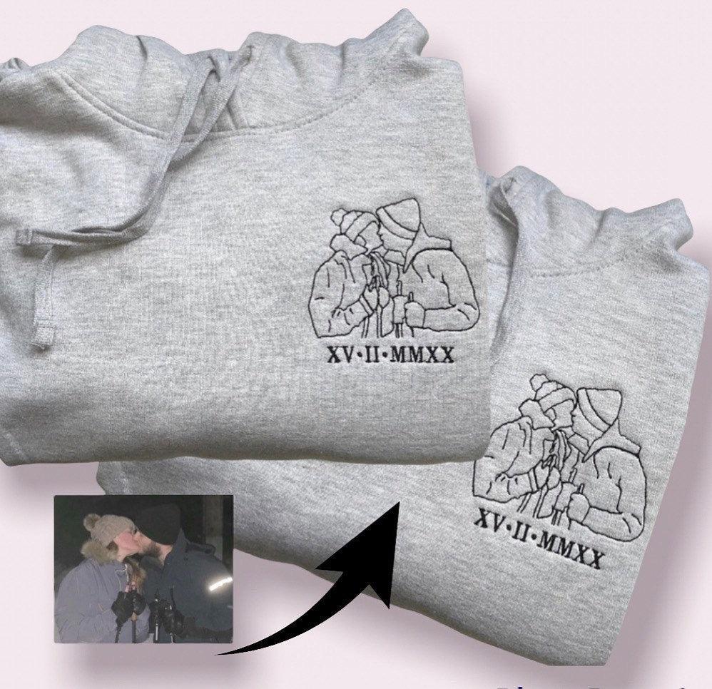 Custom Embroidered Sweatshirts For Couples, Custom Embroidered Outline Portrait From Photo Matching Couples Sweatshirt, Outline Photo Embroidered Sweater
